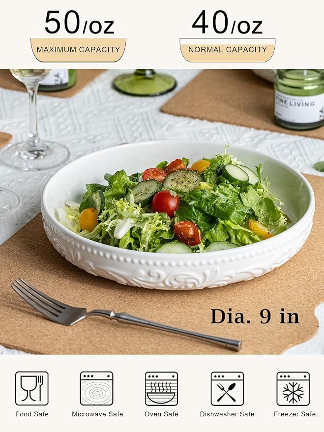 YHOSSEUN Ceramic Pasta Bowls Set of 4, 50 OZ Large Salad Serving Bowl, 9.75" Pasta Plates Shallow Bowl Plate, Microwave Dishwasher Safe, Embossed Morning Glory