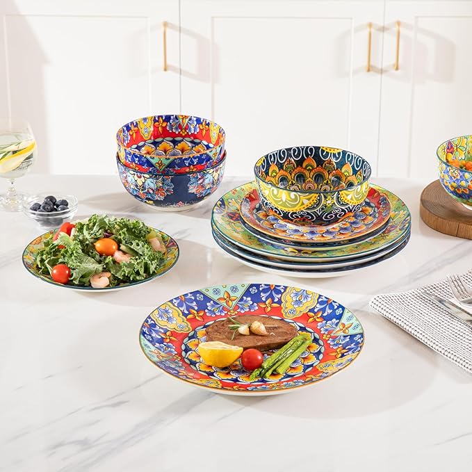 Sweejar Ceramic Dinnerware Sets for 4,12 Pieces Boho Plates and Bowls for Kitchen,Housewaring Gift,Bohemian Style Dish Set,Dishwasher and Microwave Safe(Colorful)