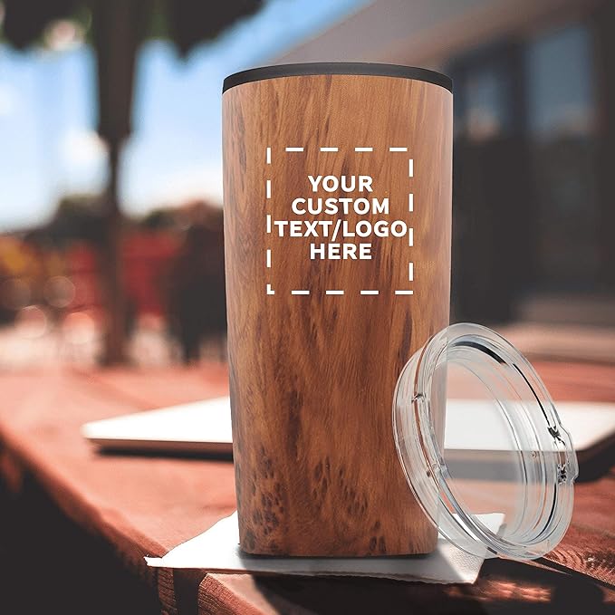 DISCOUNT PROMOS Custom Plastic Tumblers 20 oz. Set of 1, Personalized Bulk Pack - With lids, Ice Coffee Tumbler, To Go Cup, Insulated - Wood