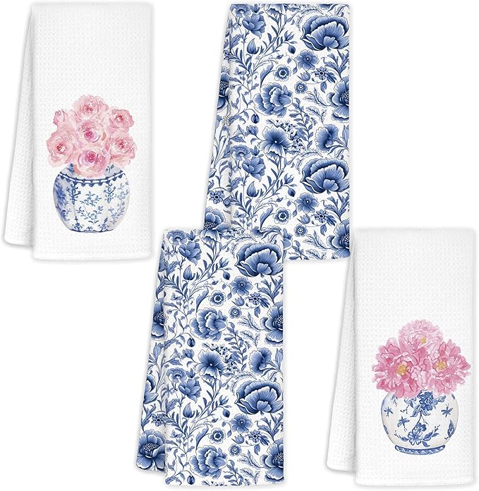 Blue and White Chinoiserie Pink Rose Flowers Floral Kitchen Towels Set of 2 - Rose Decorative Hand Towels for Kitchen Bathroom, Blue and White Chinoiserie Floral Gifts, 16x24