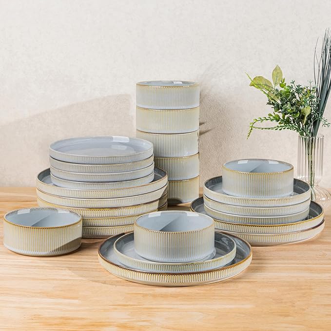 TheTerra Ceramic Dinnerware Sets for 8, 24 Pieces Porcelain Lightweight Speckled Plates and Bowls Sets, Scratch Resistant Dish Set, Oven & Microwave & Dishwasher Safe, Illusion Blue