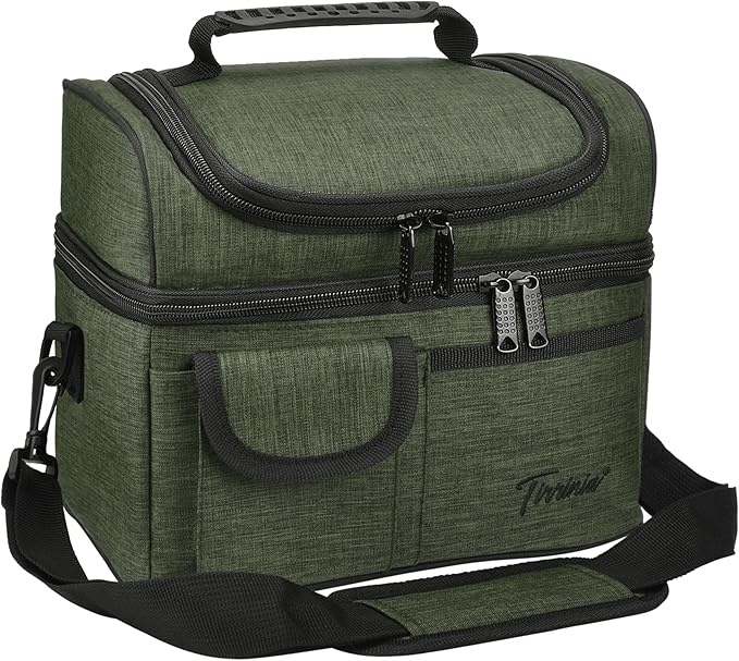 Tirrinia Reusable Lunch Box for Men Women, Insulated Lunch Bag Adult Work, Double Decker Leakproof Lunchbox for Office Picnic Beach—Dual Compartment Lunch Cooler Bag,Green
