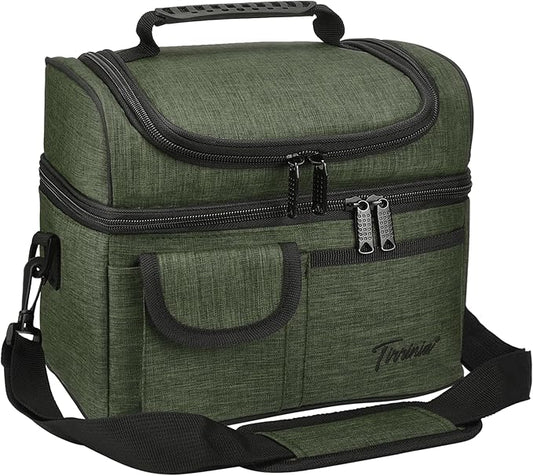 Tirrinia Reusable Lunch Box for Men Women, Insulated Lunch Bag Adult Work, Double Decker Leakproof Lunchbox for Office Picnic Beach—Dual Compartment Lunch Cooler Bag,Green