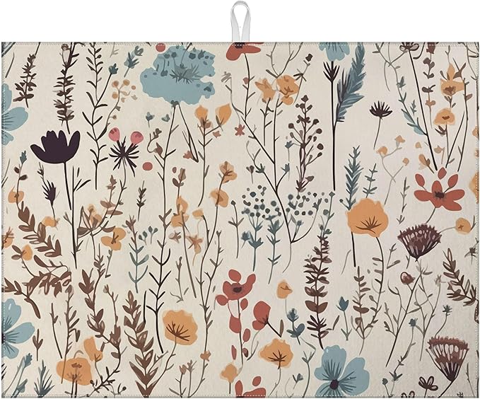 Vintage Floral Dish Drying Mat for Kitchen Counter Microfiber Absorbent Dish Kitchen Drying Mat Draining Reusable Washable for Dishes/Utensils/Counterto