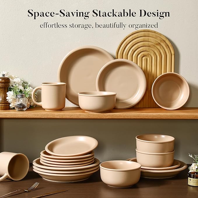 GZG Vintage Series - Ceramic Dinnerware Set for 2, 6 Pieces Stoneware Plates and Bowls Set, Lead-Free, Handcrafted Dishes Set, Microwave & Dishwasher Safe - Warm Apricot