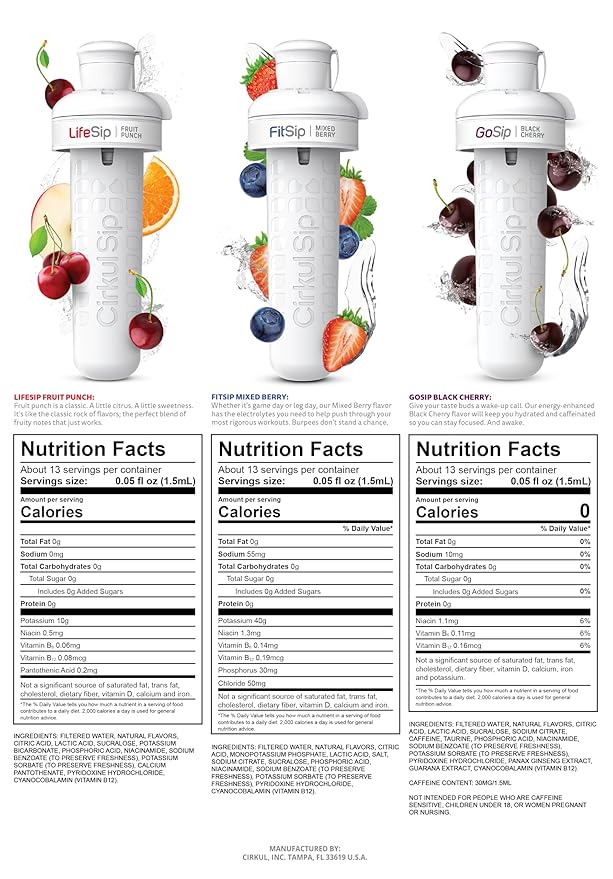 Cirkul 22oz. BPA-Free Plastic Water Bottle Starter Kit with Blue Lid, 3 Flavor Cartridges (1 LifeSip Fruit Punch, 1 FitSip Mixed Berry, 1 GoSip Black Cherry) Zero Calories and No Sugar