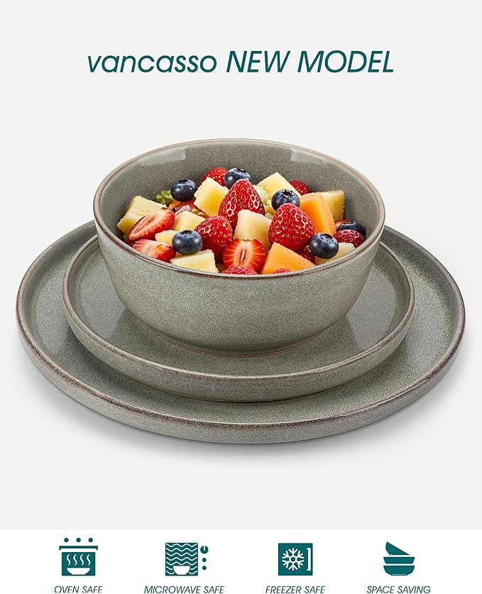 vancasso ANYA 18 Pieces Plates and Bowls Set, Stone Grey Dinnerware Sets, Reactive Glaze Dishes Set for 6, Ceramic Dishware Sets Kitchen Dinner Set, Microwave & Dishwasher Safe