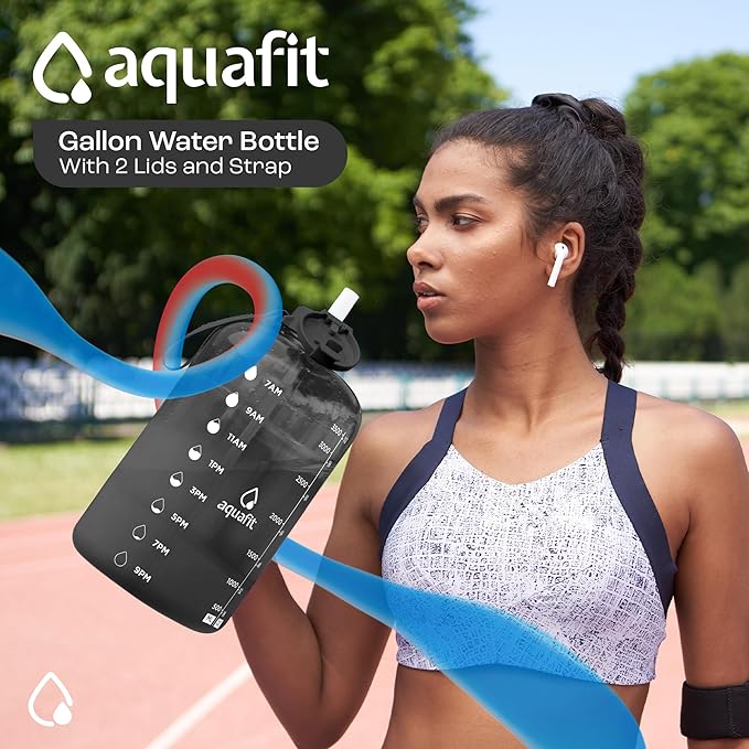 AQUAFIT 1 Gallon Water Bottle with Time Marker - Straw & Chug Lid - BPA Free Gym Water Bottle with Straw - Big Gallon Jug (Clarity, 128 oz - 2 Lids)