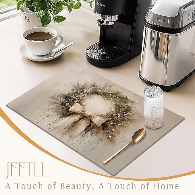 Christmas Wreath Dish Drying Mat, Vintage Winter Xmas Holiday Absorbent Dish Drainer Reusable Washable Drying Mat Pad for Kitchen Counter, Farmhouse Christmas Decor, 12×15 Inch