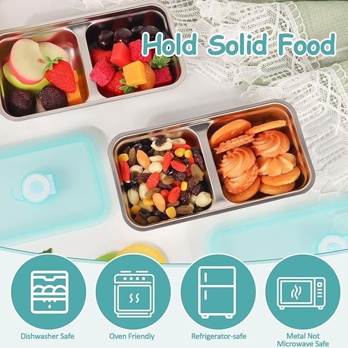 Stainless Steel Snack Containers Reusable - 2 Pack Grab and Go Snack Containers with Lids, 2 Compartment Snack Condiment Containers for Travel, Camping