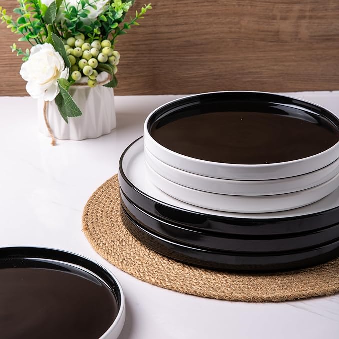 AmorArc Dinnerware Sets for 4, 12 Piece Stoneware Plates and Bowls Set, Chip and Crack Resistant Plates Set, Dishwasher & Microwave Safe Ceramic Dishes - (Black and White, Service for 4)