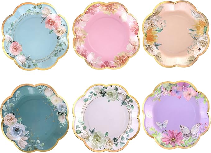 Winoo Design Floral Paper Plates - 48 PK - 9 Inch Flower Party Plates Floral Disposable Plates for Tea Party Baby Shower Brial Shower Birthday Wedding