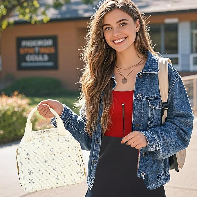 BTOOP Lunch Box for Women Men Cute Corduroy Lunch Bags Large Capacity Insulated Lunch Tote Bag For Work Travel Or Picnic (Purple-Flower)