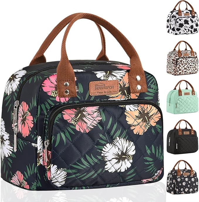 Buringer HOMESPON Lunch Bag for Woman Man Adults with Front Pocket Insulated Lunch Tote Lunch Box Container for Work Picnic or Travel（Green Leaves）