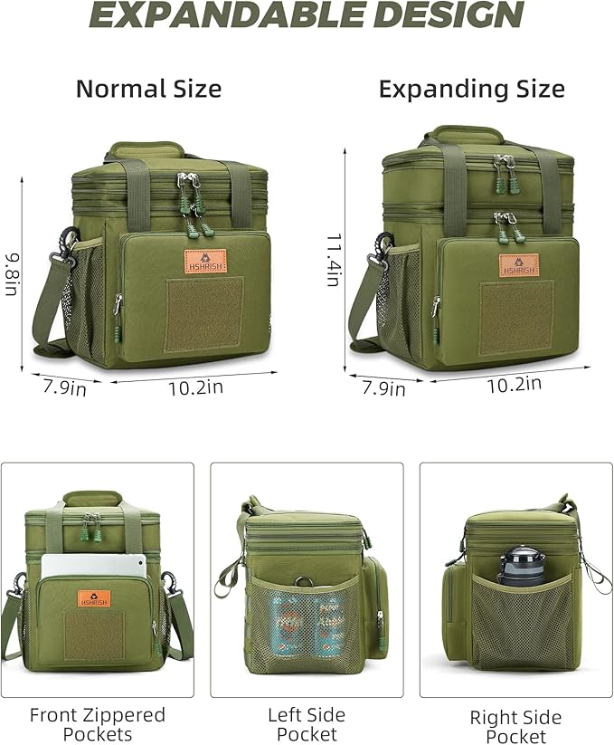 Tactical Lunch Box, Large Expandable Insulated Lunch Bag, Durable Leakproof Cooler Bag for Men/Women/Adults/Work Office Outdoor Picnic Trip,15 L, Army Green, HSHRISH