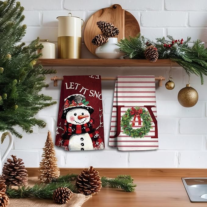 Christmas in July， Christmas Kitchen Towels, Christmas Dish Towels Set of 2,Let It Snow Tea Towels for Kitchen,Christmas Hand Towels for Bathroom,Gifts for Women,16×24
