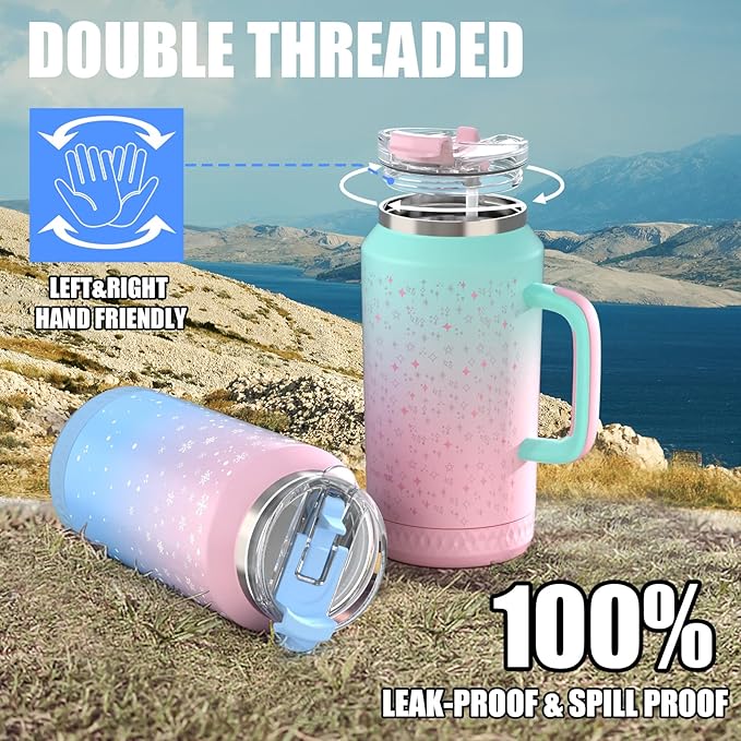 Hydraful 64 oz Tumbler with Handle and Straw - 100% Leak-Proof - Insulated Cup Reusable Stainless Steel Large Water Bottle Travel Mug for Gym, Hiking, and Camping - Gifts for Women Men Him Her