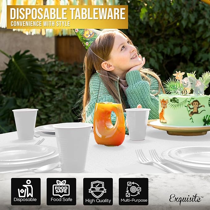 222 Pcs White Paper Plates and Napkins Sets, Disposable Plates For Party, Lunch & Cocktail Napkins Paper, 18oz Plastic Cups, Cutlery and White Table cloth Plastic Dinnerware Set