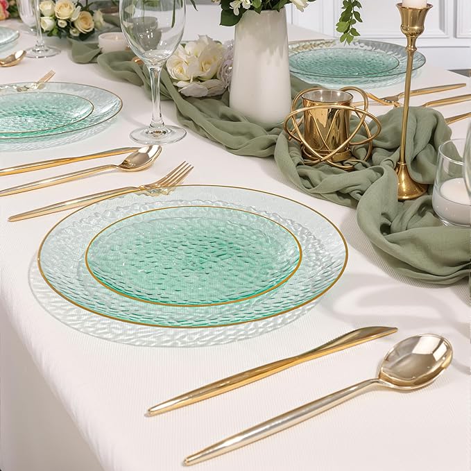 SUT 36Pcs Green Plastic Plates, Hammered Plates Disposable Heavy Duty, Green Disposable Plates With Gold Rim, Fancy Plastic plates Include 18 Dinner and 18 Dessert plates for Wedding