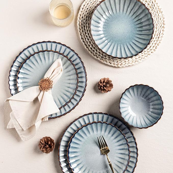 GBHOME Stoneware Dinnerware Sets for 4,Handcrafted Embossed Design Reactive Glaze Ceramic Plates and Bowls, Dishwasher and Microwave Safe, Service for 4(12pcs) (Space Blue, Service for 4)