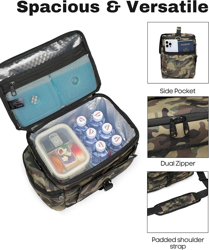 SUNNY BIRD Large Lunch Bag, Thermally Insulated Soft Cooler with Shoulder Strap for Women, Men (Camouflage)