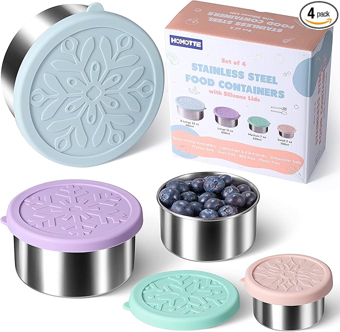 Stainless Steel Containers with Lids - Stackable Toddler Snack Containers, 18/8 Stainless Steel Lunch Box for Kids Adults, Leakproof Metal Food Storage Containers (4Pack: 3oz, 7oz, 13oz, 22oz)