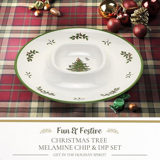 Spode Christmas Tree Melamine Chip & Dip - 14-Inch Serving Platter for Cheese, Appetizers, Chips, Salsa - Durable, Shatterproof, Dishwasher Safe - Ideal for Indoor & Outdoor Holiday Entertaining