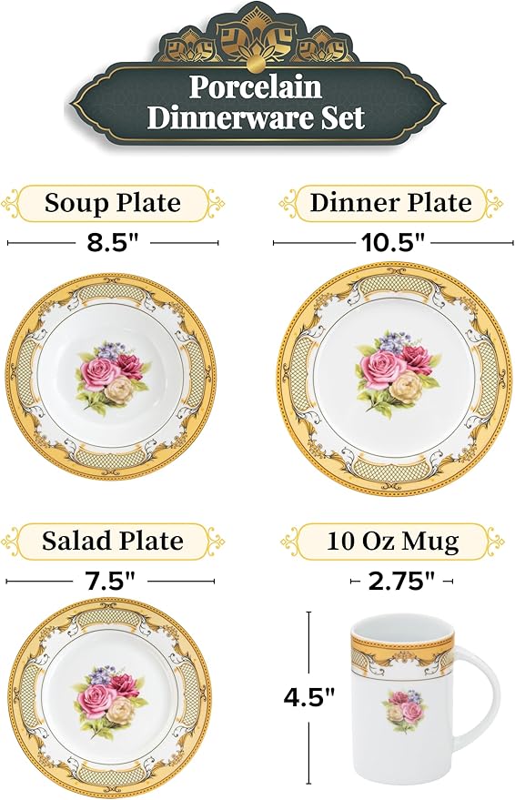 Porcelain Dinnerware Set for 1 - White with Gold 4 Piece Set Vintage Roses Design - Elegant Dinner Plates and Bowls - Dining Kitchenware for Home, Formal Occasions and Everyday Dishes