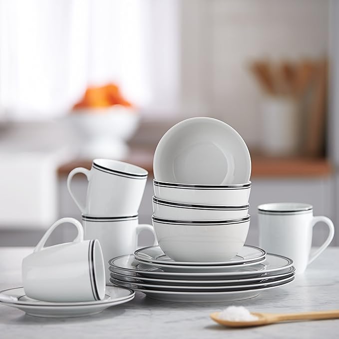 Amazon Basics 16-Piece Cafe Stripe Kitchen Dinnerware Set, Plates, Bowls, Mugs, Service for 4, Black
