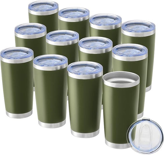 OMTech 20oz Tumblers Bulk, 12pc Stainless Steel Tumbler Set with Lid & Straw, Double Wall Vacuum Insulated Mug for Laser Engraver, Travel Coffee Mug for Hot & Cold Drinks, Army Green Powder Coated Cup