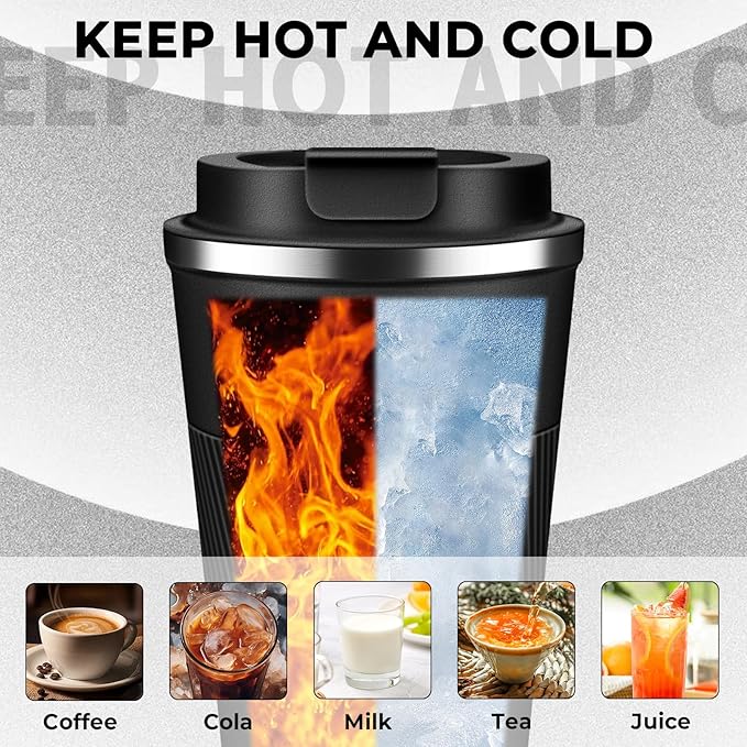Insulated Coffee Tumbler 12 oz, Stainless Steel Coffee Mug with Lids, Travel Coffee Mug Leak Proof, Double Wall Vacuum Insulated Reusable Coffee Cup, Keep Drinks Hot and Cold (Black, 12 Ounces)