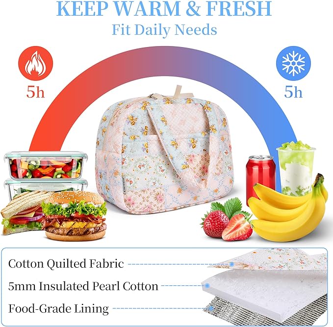 Quilted Lunch Box for Women,Insulated Cute Reusable Lunch Bag with Front Pocket,Pink Flower Stylish Lunch Tote Bag for Work, Office,Picnic, Travel,School (coloful floral)