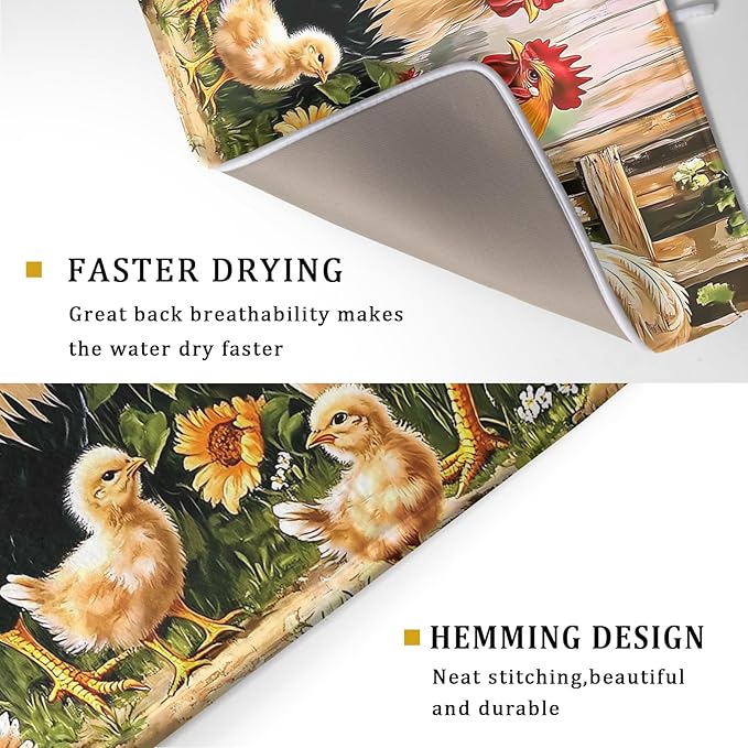 Rooster Dish Drying Mat 18x24 Inch, Rustic Country Farm Chickens Wooden Fence Absorbent Microfiber Non-Slip Counter Rack Sink Drainer Pad for Kitchen Countertop Table Decor