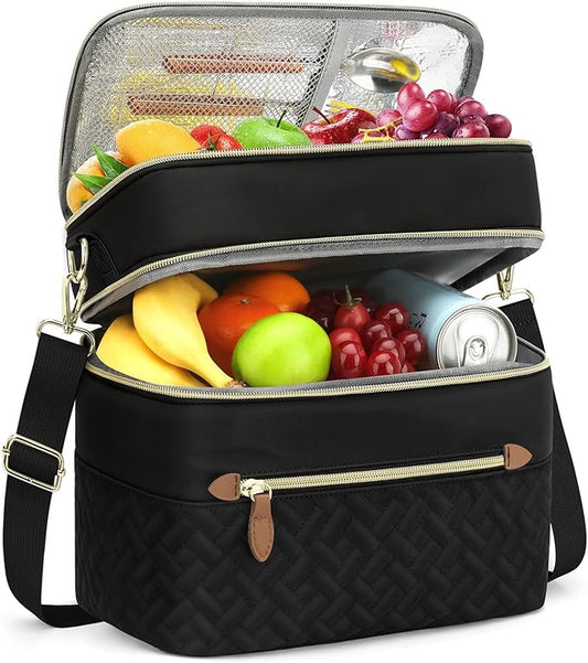 Capolo Lunch Box for Women Men Adults,Double Deck Insulated Lunch Bag Leakproof Lunch Cooler Box with Removable Strap Lunch Tote Bags Reusable Thermal Lunchbox for School Work Picnic(Large,Black)