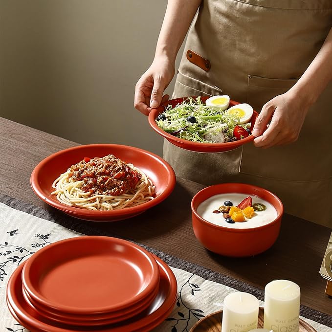 GZG Vintage Series - Ceramic Dinnerware Set for 4, 12 Pieces Stoneware Plates and Bowls Set, Lead-Free, Handcrafted Dishes Set, Microwave & Dishwasher Safe - Terracotta Red