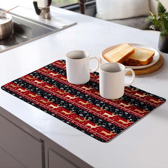 Christmas Reindeer Dish Drying Mat for Kitchen Counter Microfiber Super Absorbent Non-Slip Dish Drying Pad for Countertops Dishes Utensils Stylish Quick-Dry Machine Washable 18x24 Inch
