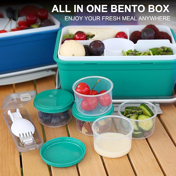 shopwithgreen LARGER Salad Containers To Go for Lunch (3 Pack), Bento Box with Dressing Pots & 5-Compartment Removable Tray, Microwave and Dishwasher Safe, BPA-free, 64 oz