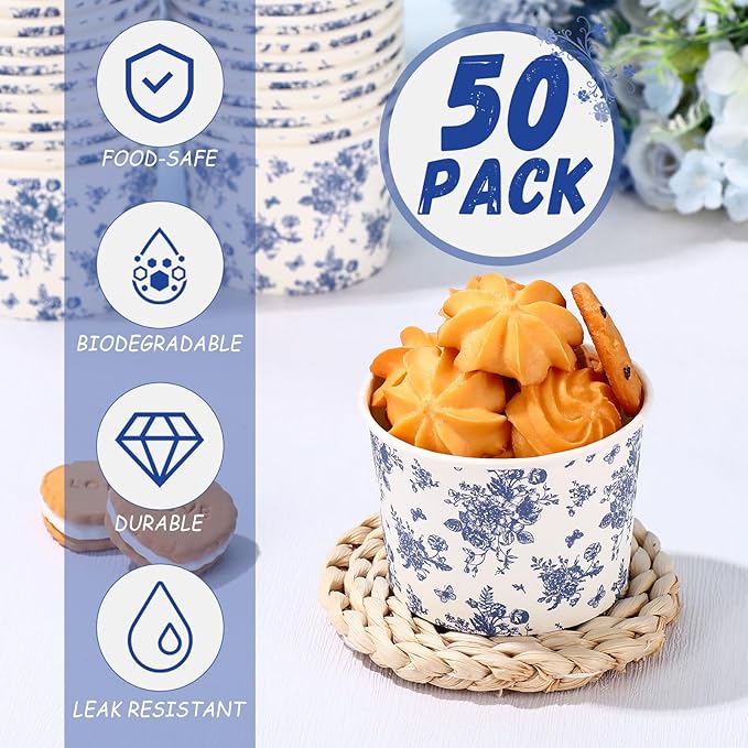 50 Pack Blue Floral Treat Snack Cups Floral Paper Ice Cream Cups 9 oz Summer Flower Disposable Dessert Bowls Paper Soup Bowls for Hot or Cold Food Wedding Baby Shower Birthday Party Supplies