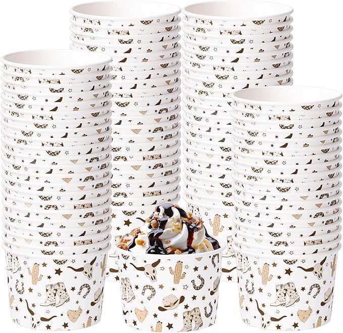 50 Pack Western Cowboy Ice Cream Cups 9 oz Brown Cowboy Boot Disposable Dessert Bowls Paper Soup Bowls for Hot or Cold Food for Western Boho Preppy Wild West Birthday Baby Shower Party