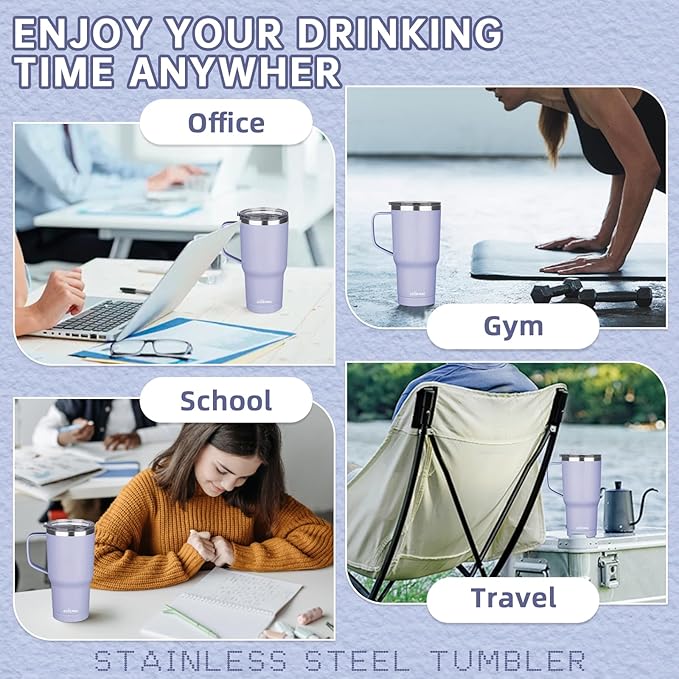 20 oz Insulated Coffee Mug with Ceramic Coating, Stainless Steel Travel Mug Tumbler with Handle Lid and Straw, Double Wall Leak-Proof Coffee Travel Mug Keeps Drink Hot and Cold (Light Purple)