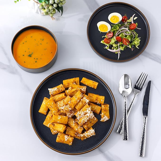 LERATIO Ceramic Dinnerware Sets for 4,Matte Stoneware Plates and Bowls Set, Chip and Crack Resistant | Oven & Dishwasher & Microwave Safe Dishes Set, Service for 4-Ashen Gold Rim