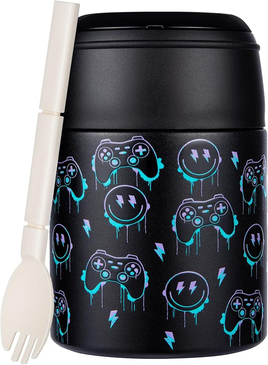 10oz Soup Thermo for Hot Food Kids Insulated Food Jar with Spoon Wide Mouth Stainless Steel Lunch Container Leak Proof Vacuum Food Box for School Travel Picnic Black Game