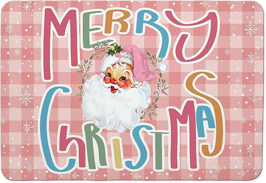 Pink Plaid Christmas Santa Dish Drying Mat, Winter Merry Christmas Coffee Bar Mat for Countertops, Preppy Santa Xmas Absorbent Dish Drying Mats for Kitchen Counter Coffee Maker, 16x24 Inch