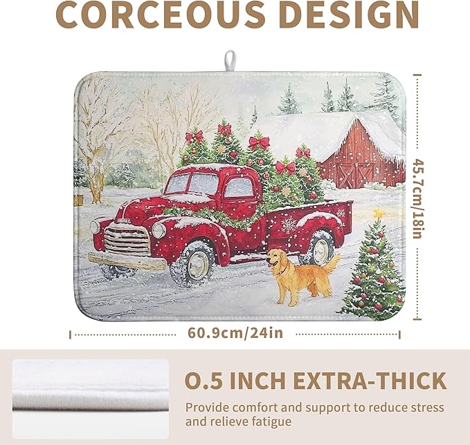 Christma Red Truck Dish Drying Mat Winter Dog Large Kitchen Mats Dish Drying Pad Xmas Tree Vintage Absorbent Dish Dryer Mat for Kitchen Countertops Microfiber Drainer Pad Dish Drying Mats (18x24 in)