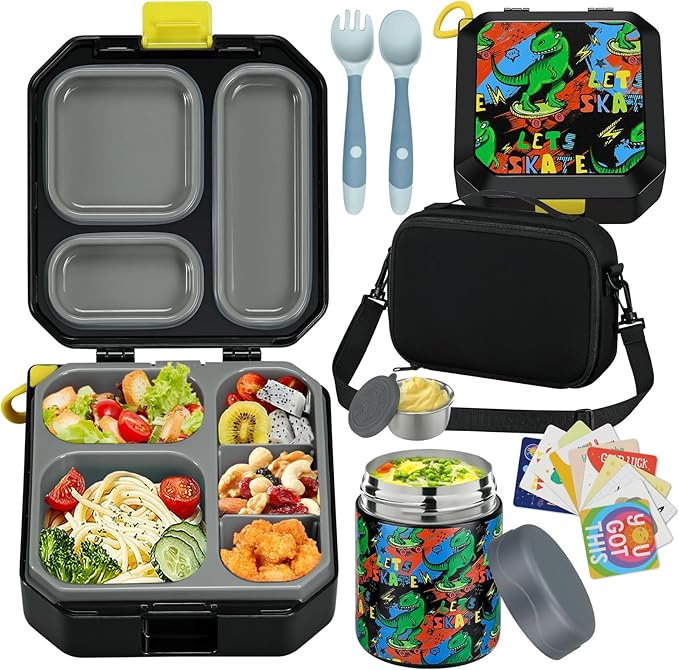 Bento Lunch Box for Kids with 12oz Soup Thermo Leak-Proof Lunch Food Container with 5 Compartment Thermo Hot Food Jar and Insulated Lunch Bag for Kid Toddler Girls Boys to School