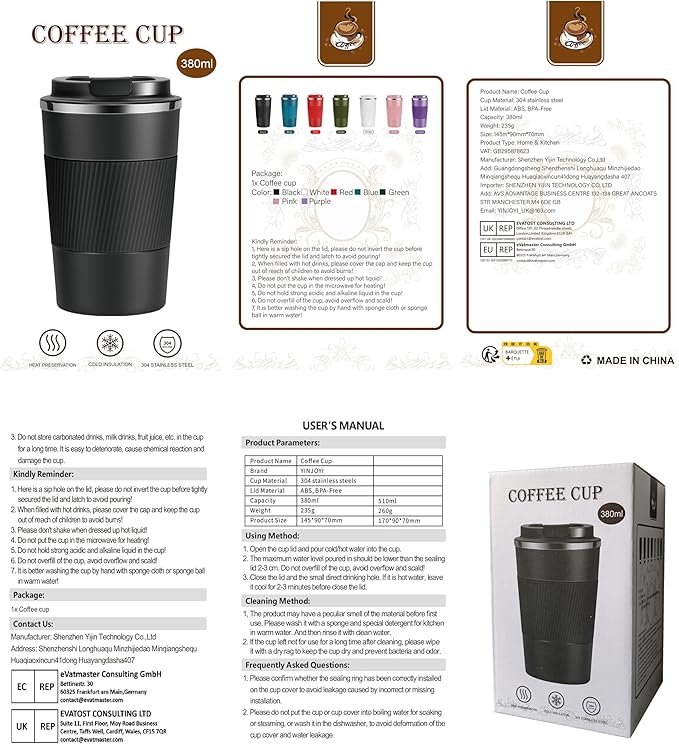 12oz Travel Coffee Cups Insulated Tumbler Thermal Mug to Go with Lid Leak Proof Reusable Stainless Steel Coffee Mug Spill Proof for Hot and Iced Cold Drinks (White, 380ml)