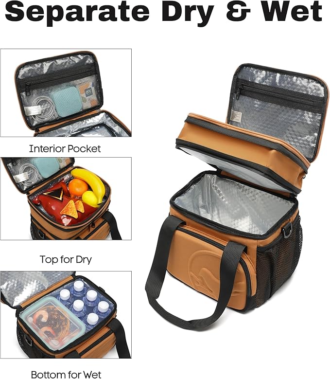 SUNNY BIRD Dual Compartment Lunch Bag, 13L Insulated Adult Lunch Box for Work (Brown)