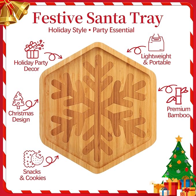 TJ POP Christmas Bamboo Serving Tray – Snowflake Shape – Decorative Sercing Platter for Holiday Snacks & Sweets – Winter Table & Kitchen Decor