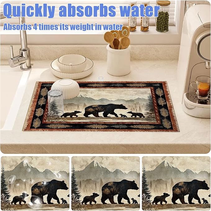 Rustic Bear Dish Drying Mat for Kitchen Counter Wild Animals Drying Pad Absorbent Reversible Dish Drainer Rack Mats Draining Pad 18"x24"Inch
