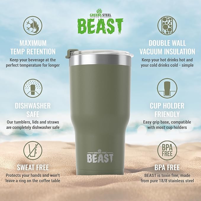 Beast 30 oz Tumbler Stainless Steel Vacuum Insulated Coffee Ice Cup Double Wall Travel Flask (Army Green)